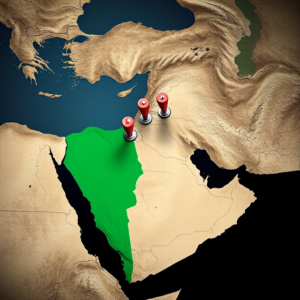Middle East map highlighting tensions between Israel and Gaza, symbolizing instability after Hamas’s parade