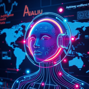 Futuristic AI assistant with glowing holographic elements, representing innovation and competition in artificial intelligence.