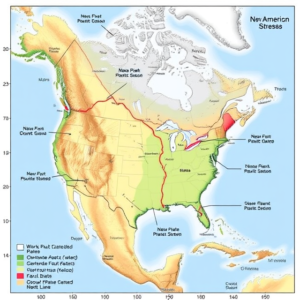Geological diagram of the North American Plate showing intraplate stresses and fault lines in New England."