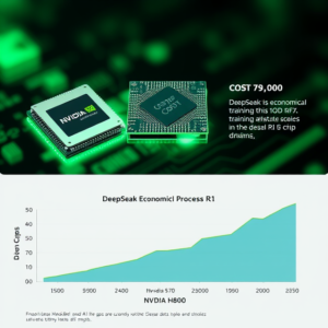 Visual representation of Nvidia H800 AI chips with a graph illustrating DeepSeek's cost-efficient AI development process.