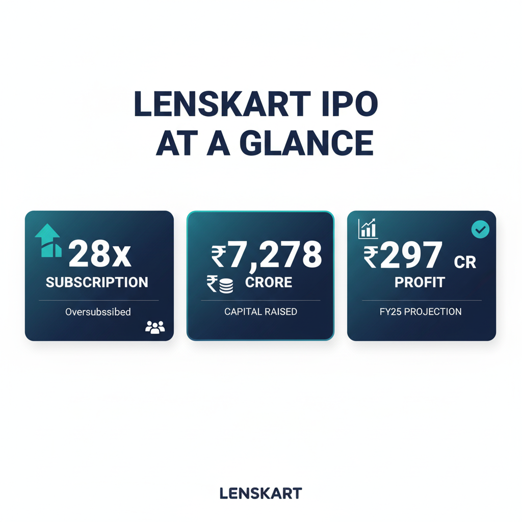 Lenskart IPO stats: 28x subscription, ₹7,278 crore raised, FY25 profit ₹297 Cr, clean vector 4K with icons for quick readability.