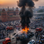 Aerial view of smoking wreckage from car blast near Red Fort Metro, damaged vehicles and fire trucks, chaotic crowd in background, dramatic 4K with evening Delhi skyline.