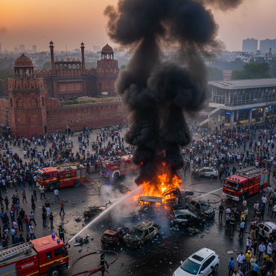 Aerial view of smoking wreckage from car blast near Red Fort Metro, damaged vehicles and fire trucks, chaotic crowd in background, dramatic 4K with evening Delhi skyline.