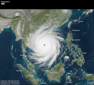 Himawari-8 satellite image of Typhoon Kalmaegi swirling over South China Sea, eye visible, overlaid with Philippines and Vietnam maps, high-res 4K scientific visualization