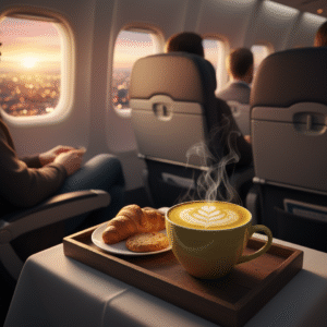 Steaming cup of golden turmeric latte on a wooden tray beside a airplane window seat, with city skyline below, photorealistic 4K with creamy foam art and warm lighting evoking cozy travel comfort.