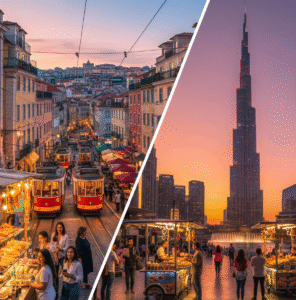 Split-image collage of Lisbon's colorful trams with food stalls and Dubai's Burj Khalifa at sunset with street vendors, high-contrast 4K panoramic for dynamic travel comparison.