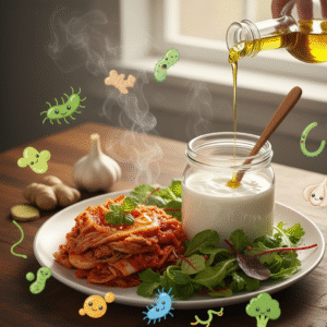 Vibrant plate of kimchi, kefir jar, and olive oil drizzle over salad, surrounded by gut icons like happy bacteria, photorealistic 4K with fresh steam.