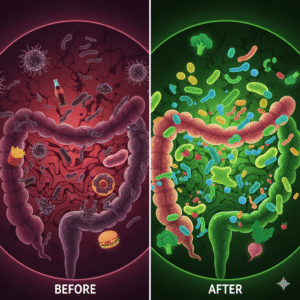 Before-after split: Left—chaotic gut microbiome with red inflamed lining and junk food icons; Right—balanced bacteria with green veggies, 4K illustrative with microscopic zoom