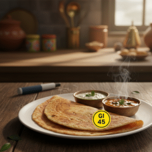 Vibrant plate of ragi dosa with coconut chutney and sambar, labeled "GI 45", wooden table with insulin pen in background, warm 4K Indian kitchen vibe