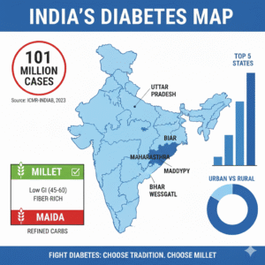 Infographic: "India’s Diabetes Map" – 101M cases, top states (UP, Maharashtra), millet vs maida comparison, clean vector 4K with blue theme