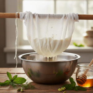 Hung curd straining in muslin cloth over a steel bowl, fresh herbs and honey jar nearby, rustic wooden table, natural window light.